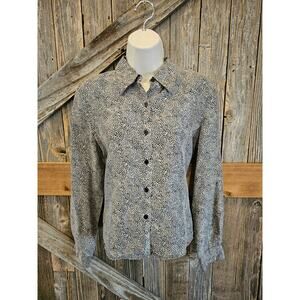 Via seta 100% silk long sleeve leapord button up top medium lightweight career ^